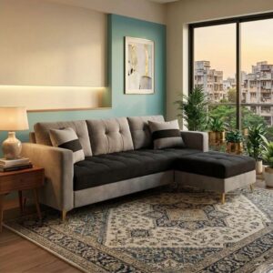 Lavish  4 Seater L Shape Sofa Set with Movable Ottoman | Luxe Velvet Black-LGrey Fabric 4 Seater  Sofa (Finish Color - Black-Light Grey,