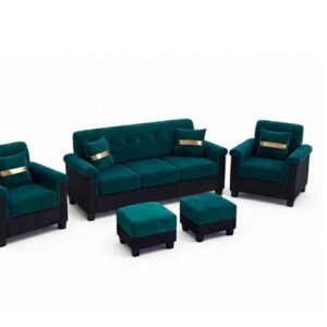 Feellavish Woodswave 5 Seater Sofa Set with Velvet Fabric, 3+1+1+2 Puffy Sofa Set for Living Room (Blue-Black) | Durable & Comfortable | Ideal for Living Room